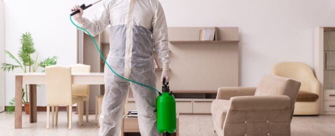 Young contractor doing pest control at home