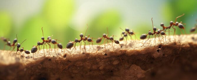 A line of ants walking along in front of a blurry green background