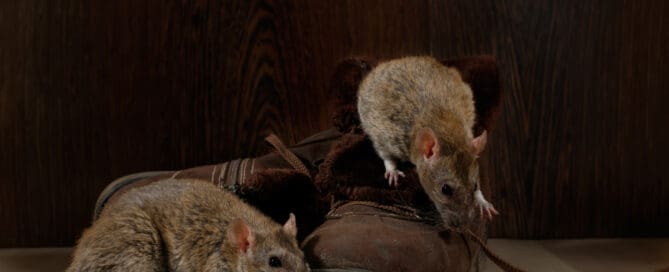 Two brown mice on a pair of brown shoes with black background