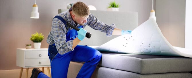 Man kneeling next to be holding flash light over under mattress with bed bugs