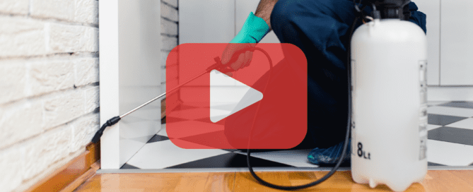 Man utilizing sprayer with pest repellent, while kneeling on floor.