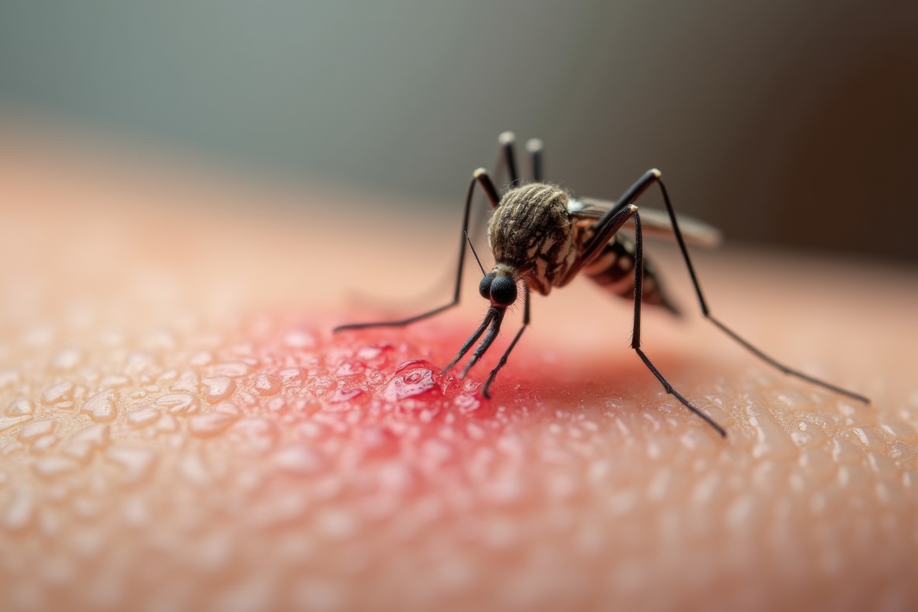 Close-up of a mosquito feeding on human skin, showing the blood being drawn.