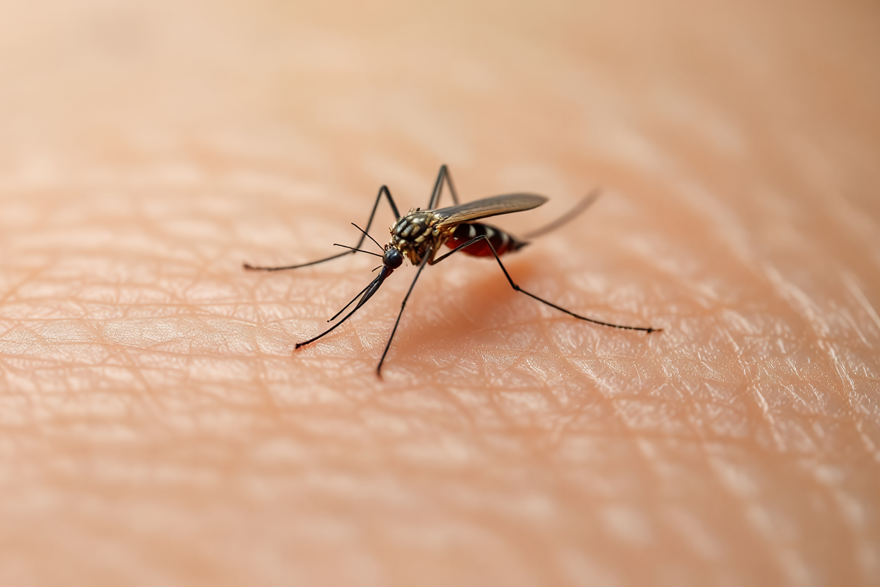 A mosquito feeding on human skin, highlighting the risk of bites and disease transmission.