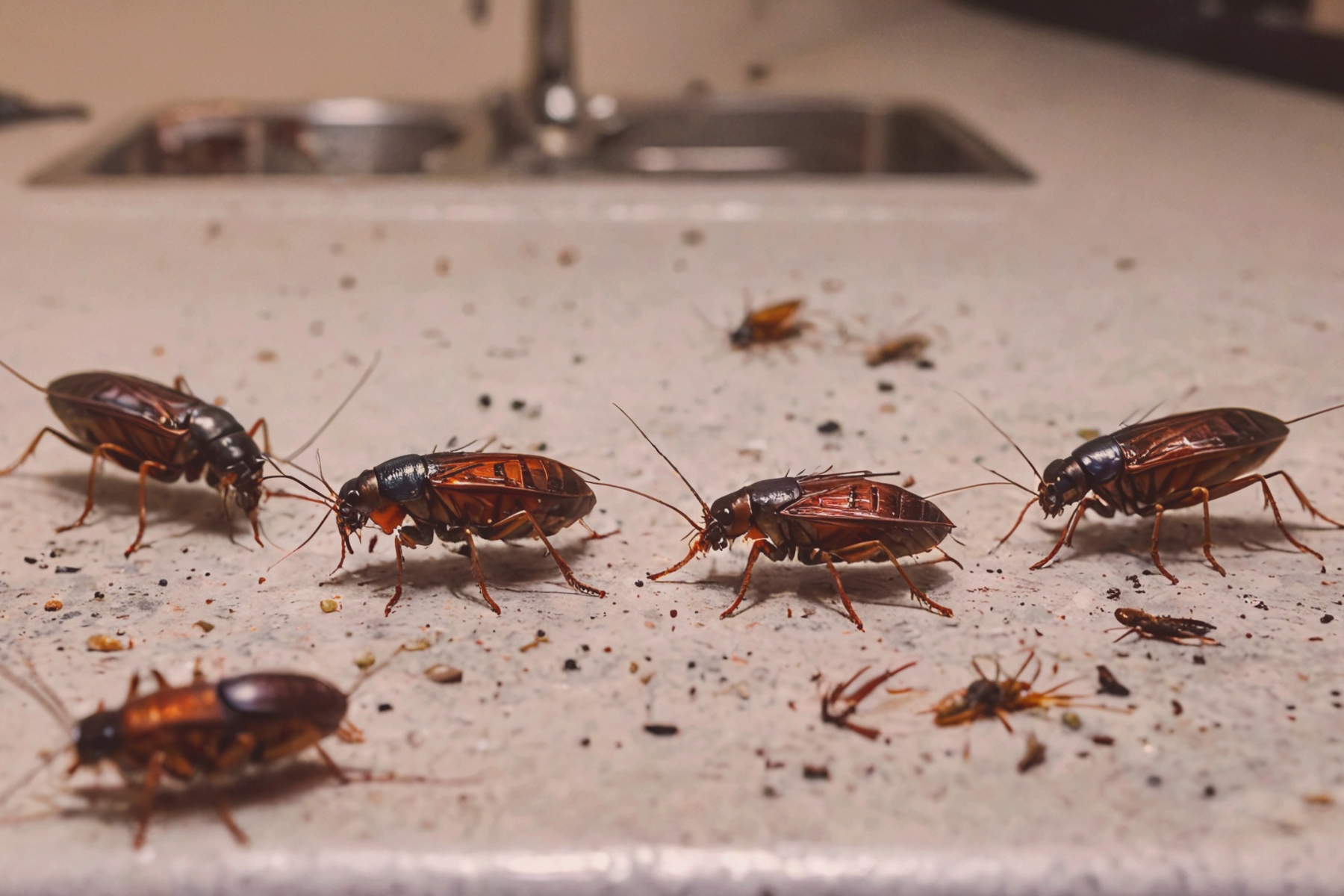 Multiple cockroaches crawl on a dirty kitchen surface near a sink, indicating a severe infestation.