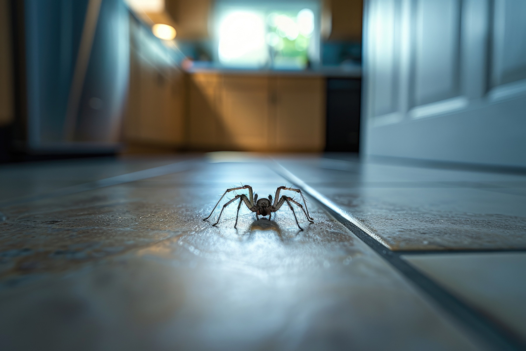 A medium-sized brown spider on a tiled floor. The spider has long legs and a segmented body. The background is blurred but shows an indoor space, possibly a kitchen, with wooden furniture and a white door. Light comes through a window, creating a lit atmosphere.