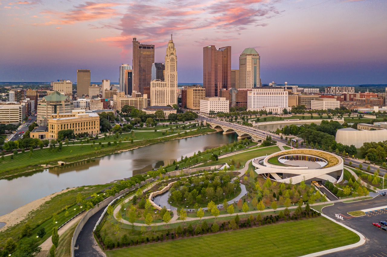 Sunset over Columbus Sunset over Columbus Ohio city skyline and Scioto River