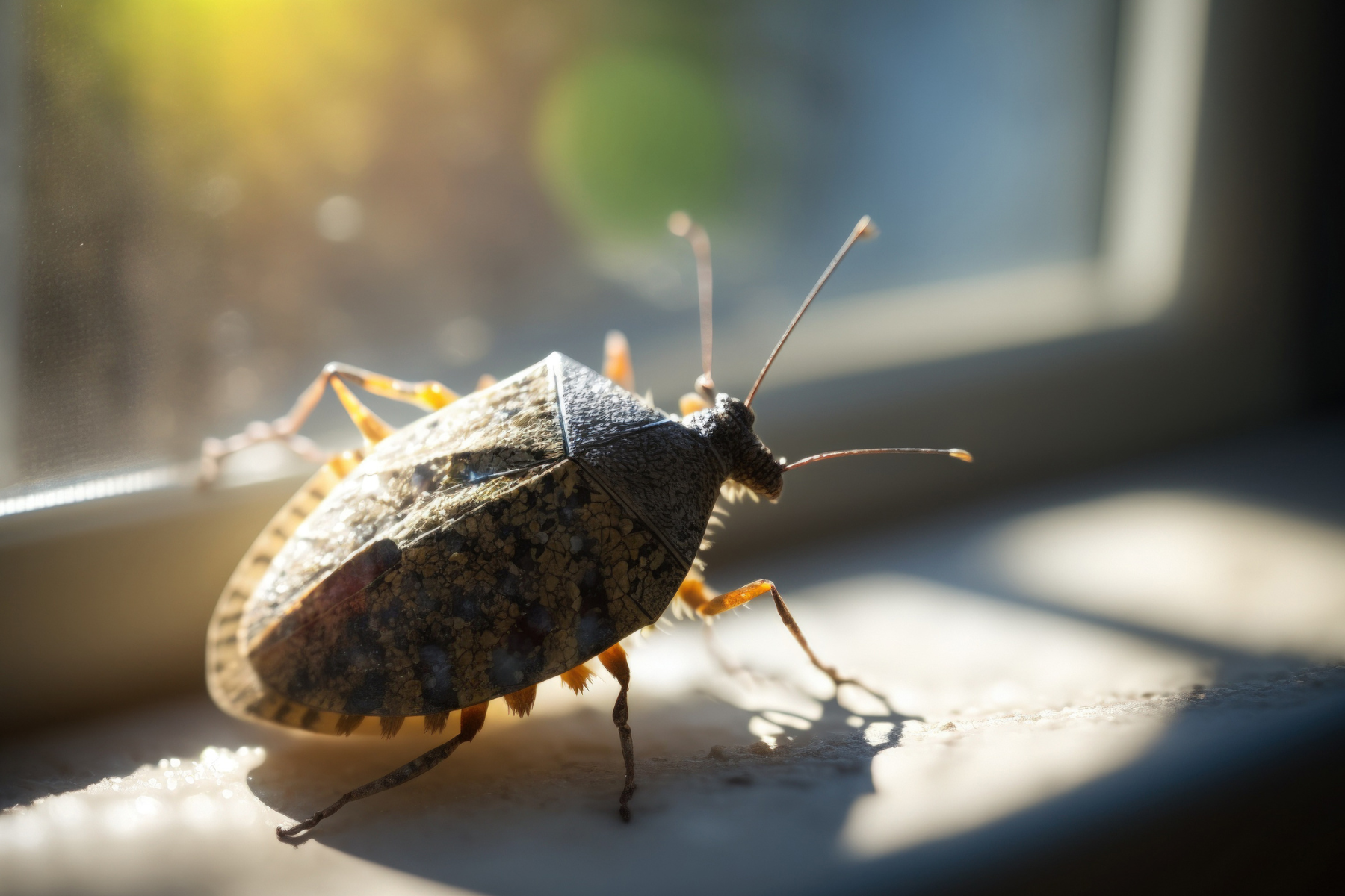 A brown marmorated stink bug sits on a sunlit windowsill.