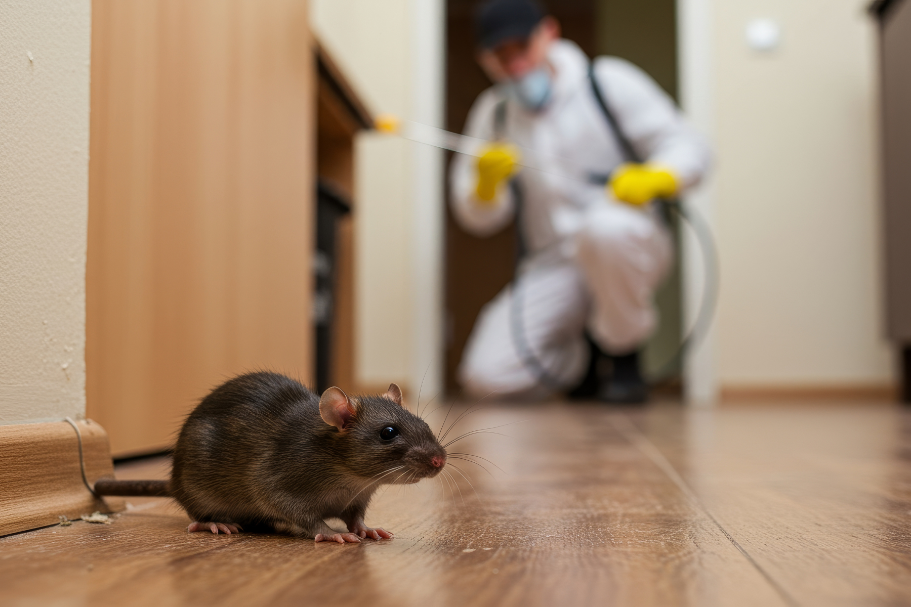 A mouse on the floor while an exterminator sprays in the background.