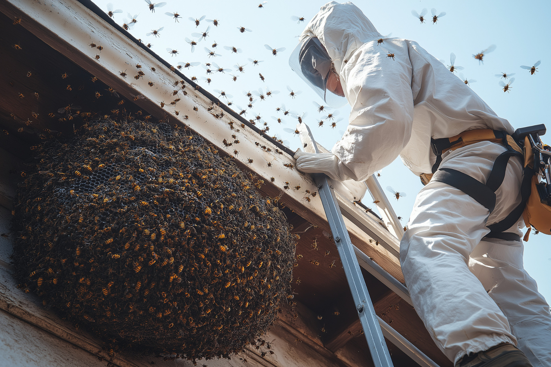 A pest control professional in protective gear removing a large wasp nest.