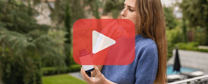 A woman on a balcony reacts with concern as a wasp flies near her while she holds an open bottle. A Prevent Pest Control logo and play button are overlayed, suggesting a video.