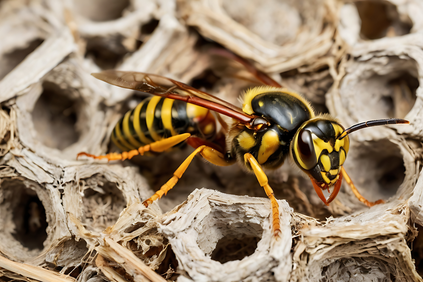 Close-up of a wasp perched on a nest, highlighting its vivid yellow and black body and detailed textures of the nest structure.