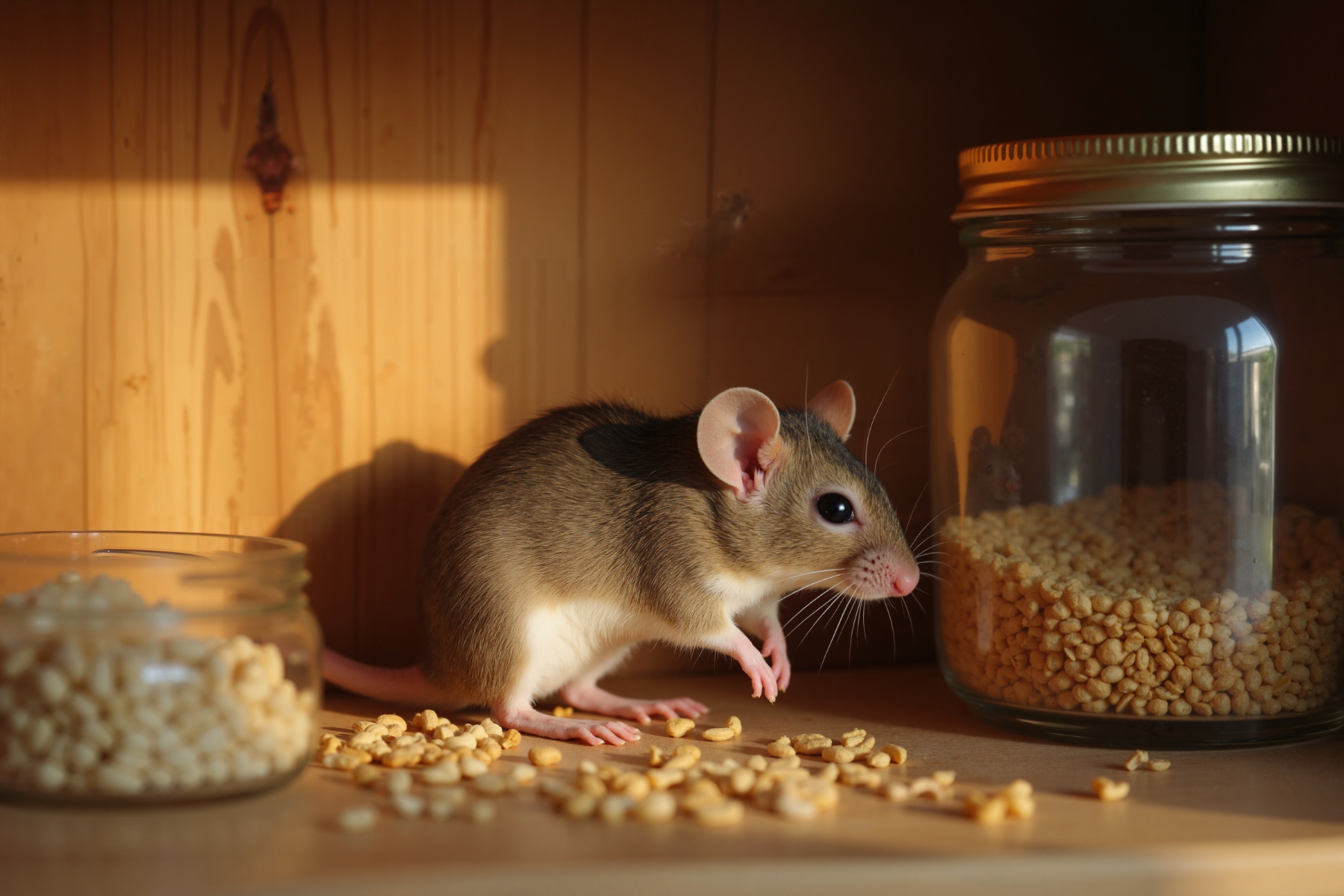 A mouse sniffing or nibbling near food crumbs.