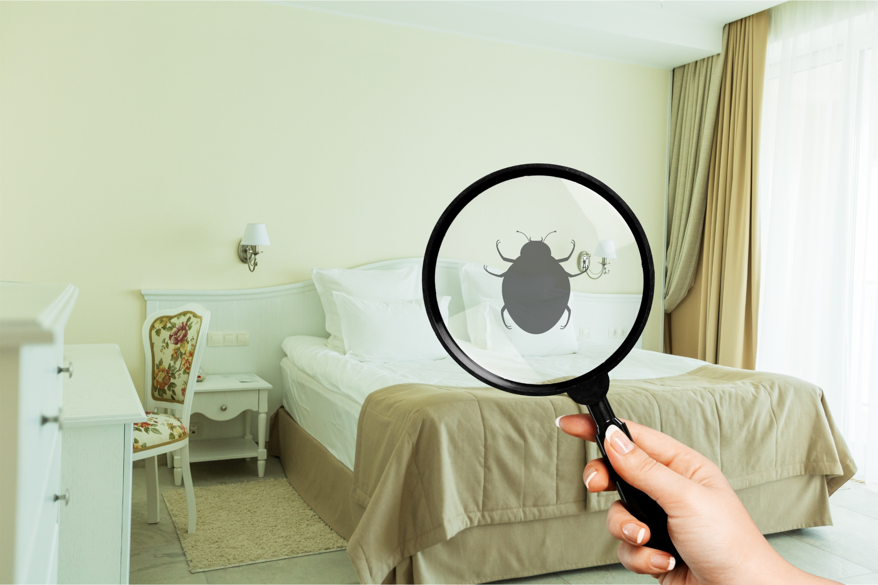 A hand holds a magnifying glass, zooming in on a bed bug silhouette on a neatly made hotel-style bed.