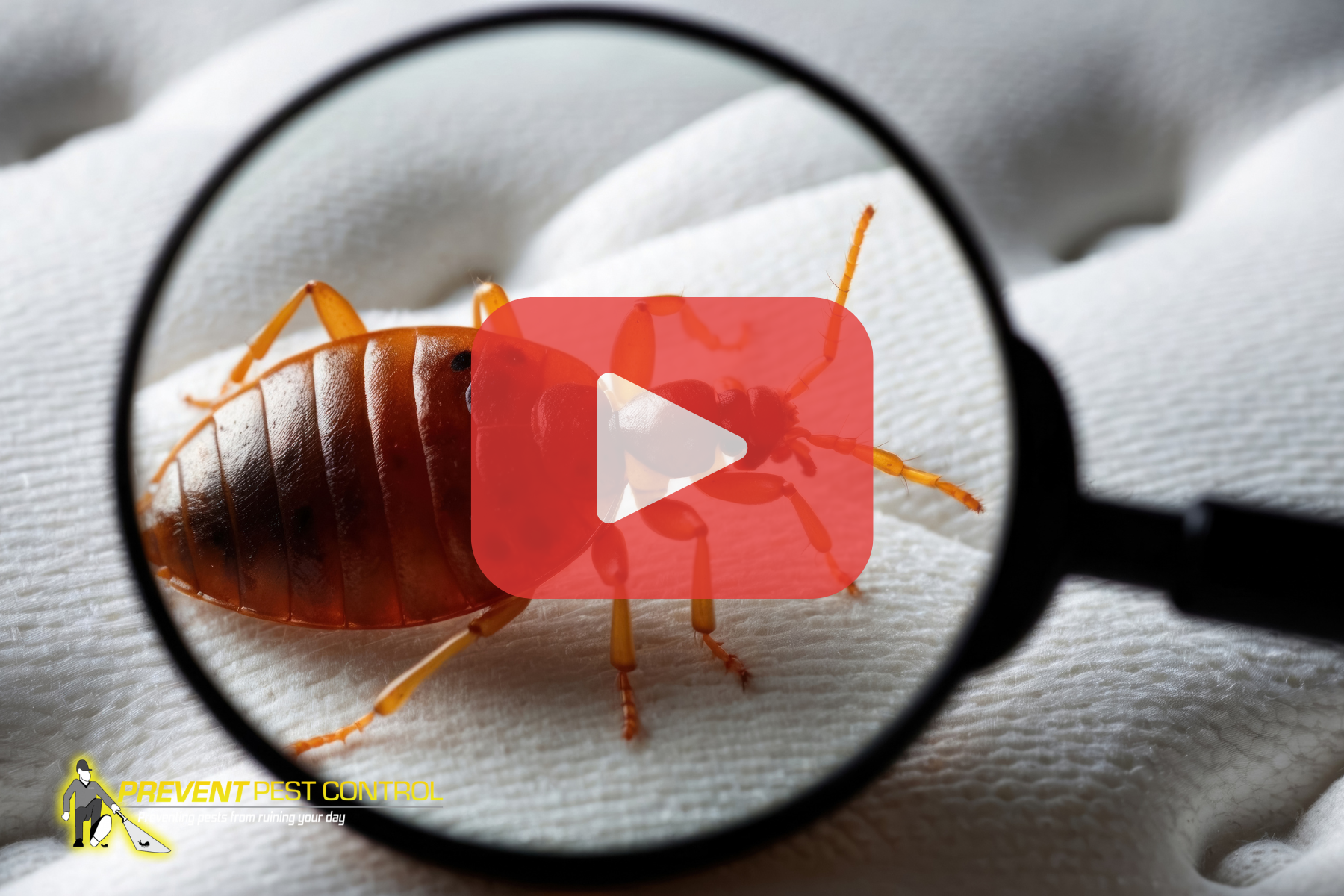 A magnified view of a bed bug on white bedding under a lens.