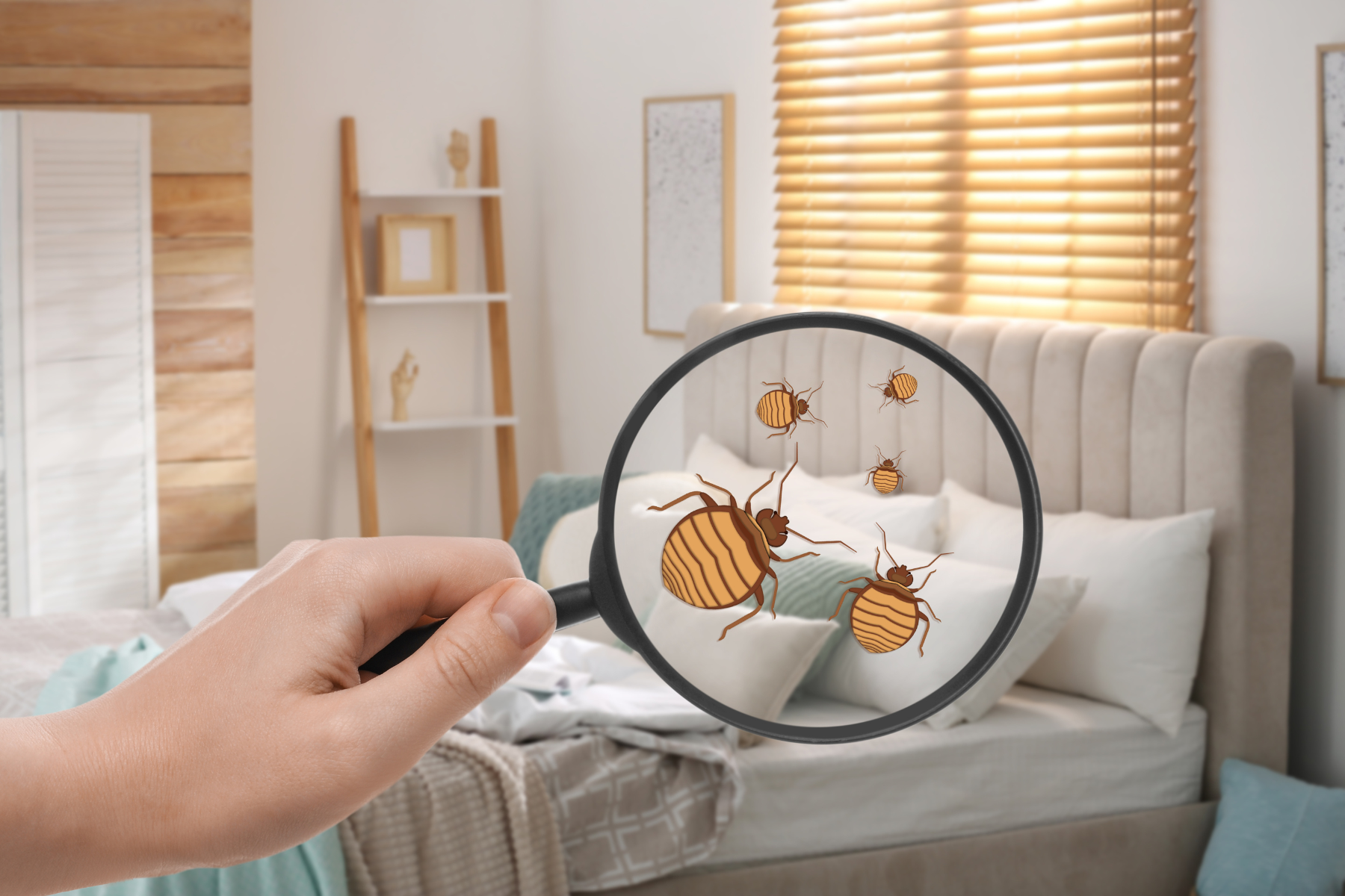 A magnifying glass reveals several cartoon-like bed bugs crawling on a bed in a bright bedroom.