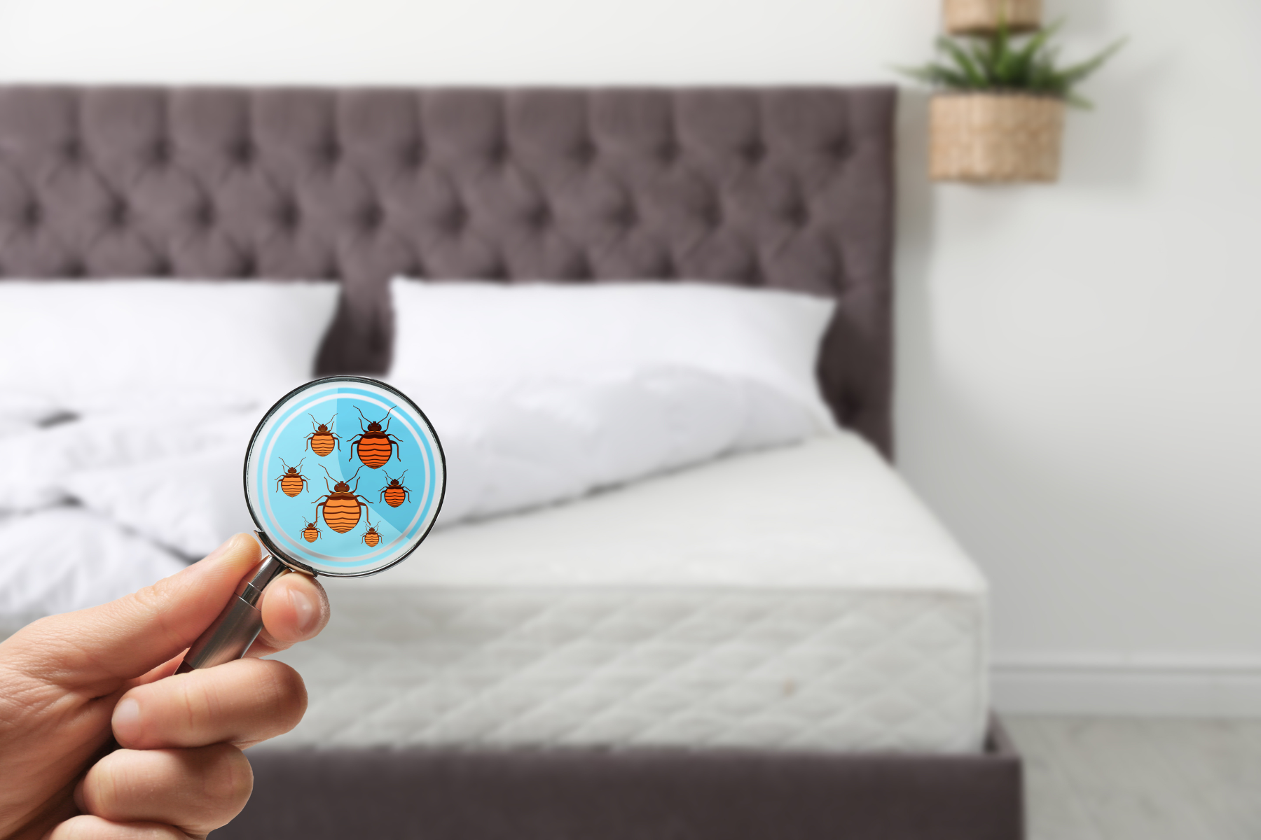 A magnifying glass reveals illustrated bed bugs crawling on a bed in a clean modern bedroom, representing inspection or awareness.