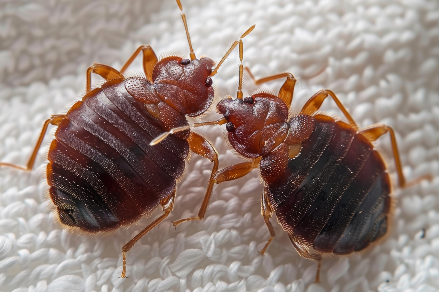 Two bed bugs on fabric facing each other in close detail.