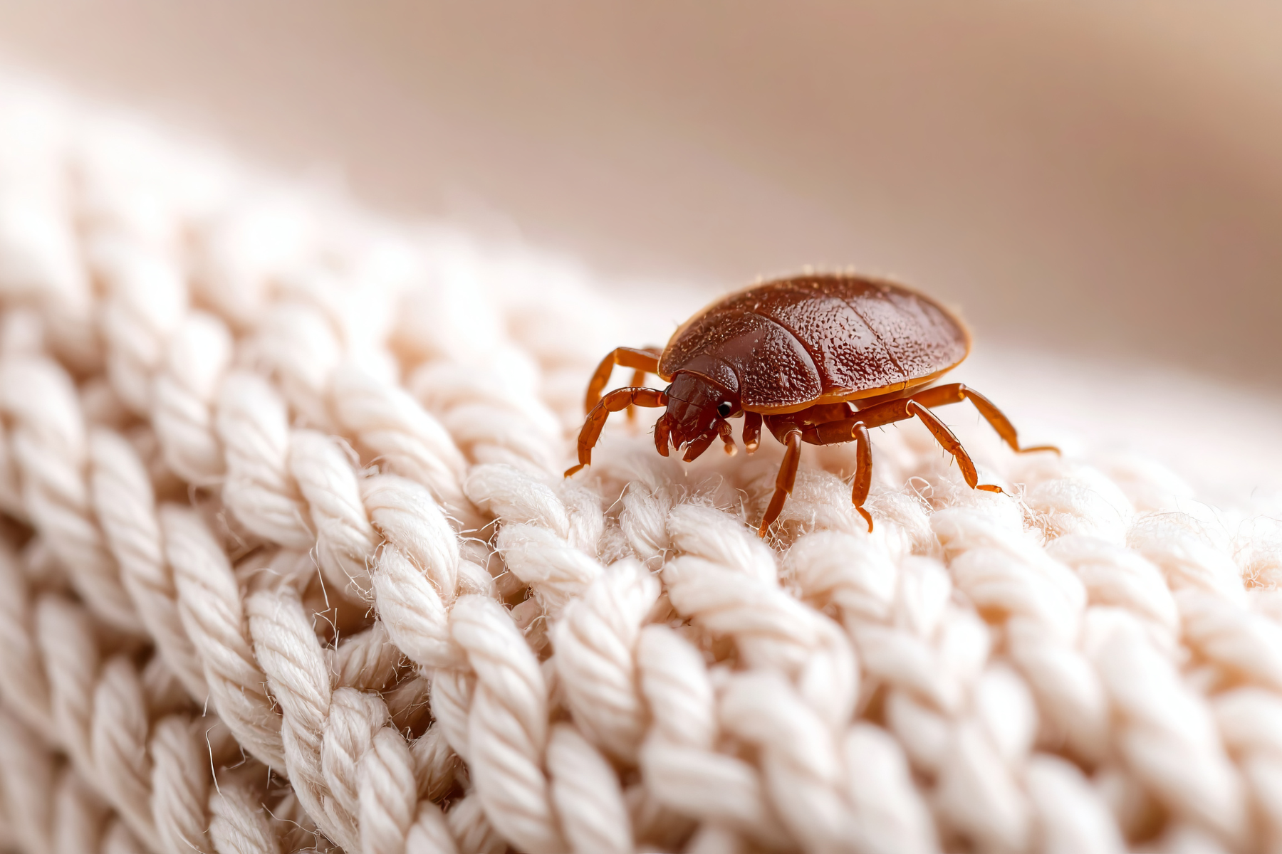 A detailed close-up of a brown bed bug walking on cream-colored woven fabric.