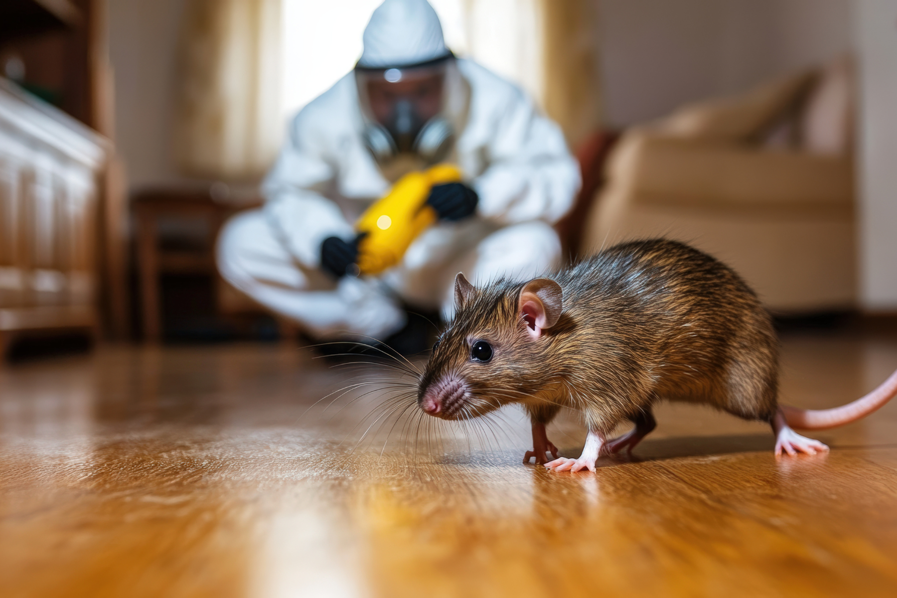 A pest control technician in protective gear targets a rat on a hardwood floor.