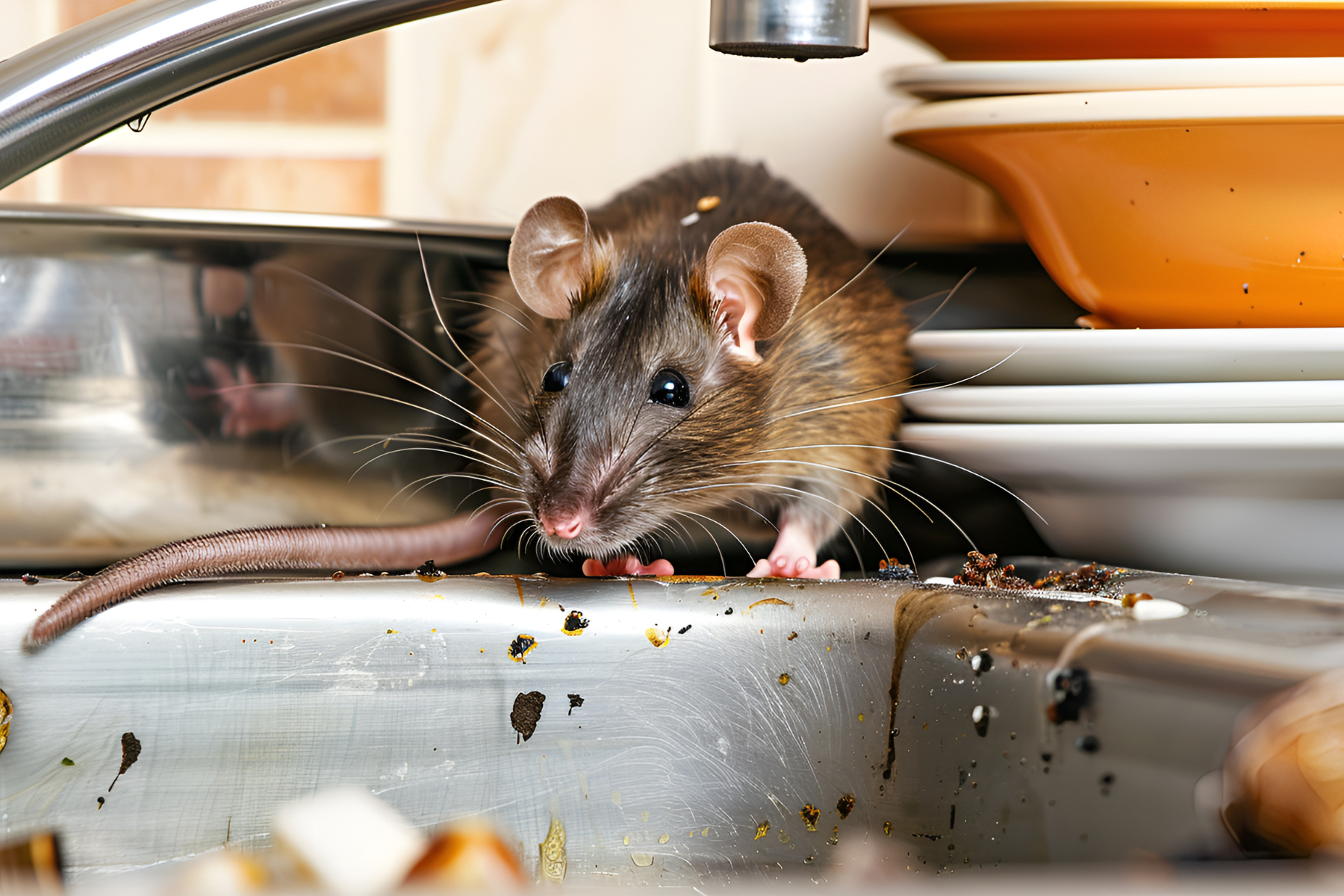 A mouse in a dirty kitchen sink among unwashed dishes.