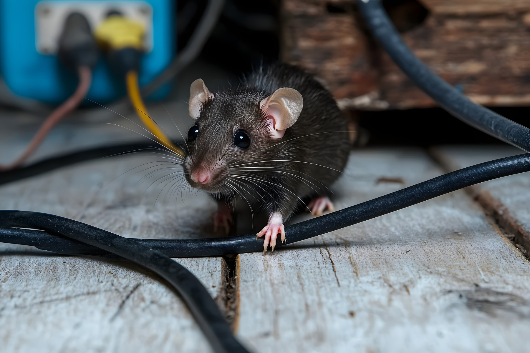 A mouse navigating around electrical wires under furniture.