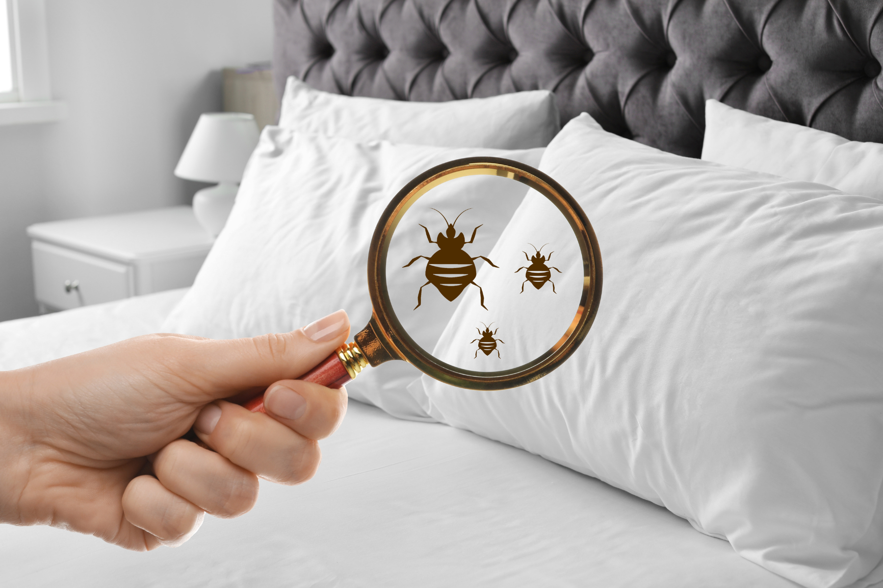Person holding magnify glass over bed, showing bed bugs.
