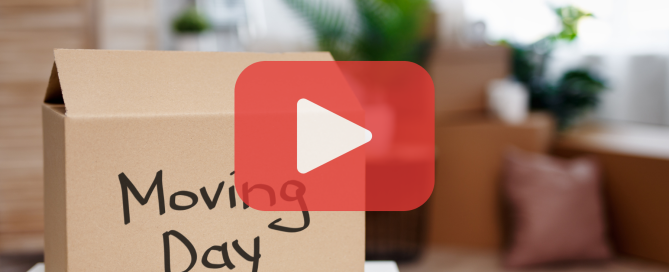 Cardboard box with words: Moving day. Red play buttom overlay with Prevent Pest Control logo.