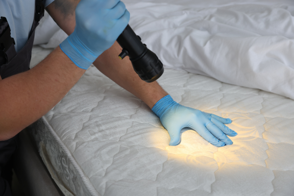Person wearing gloves is using flashlight to look for bugs on mattress.