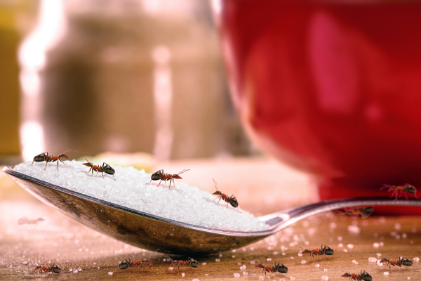 Ants on spoon full of sugar.