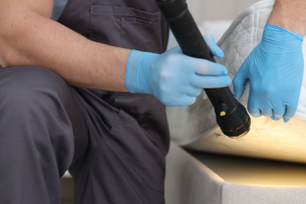 Person using gloves and flashlight is inspecting mattress for bed bugs.
