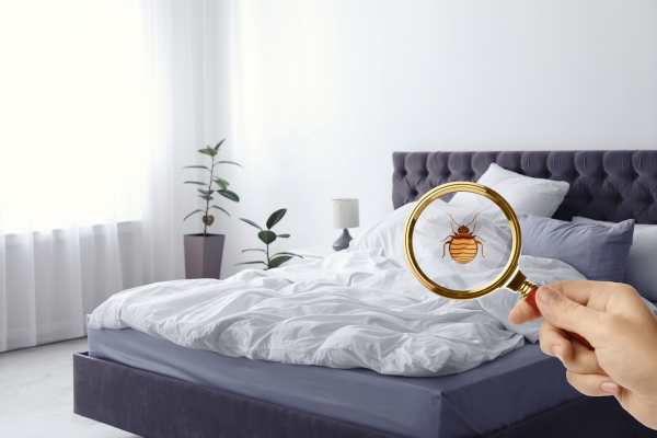 Person holding magnifying glass over bed bug. Bed on the background.