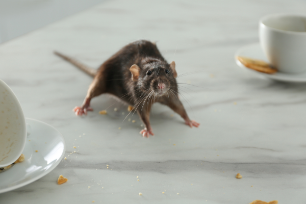 Mouse standing on kitchen counter.